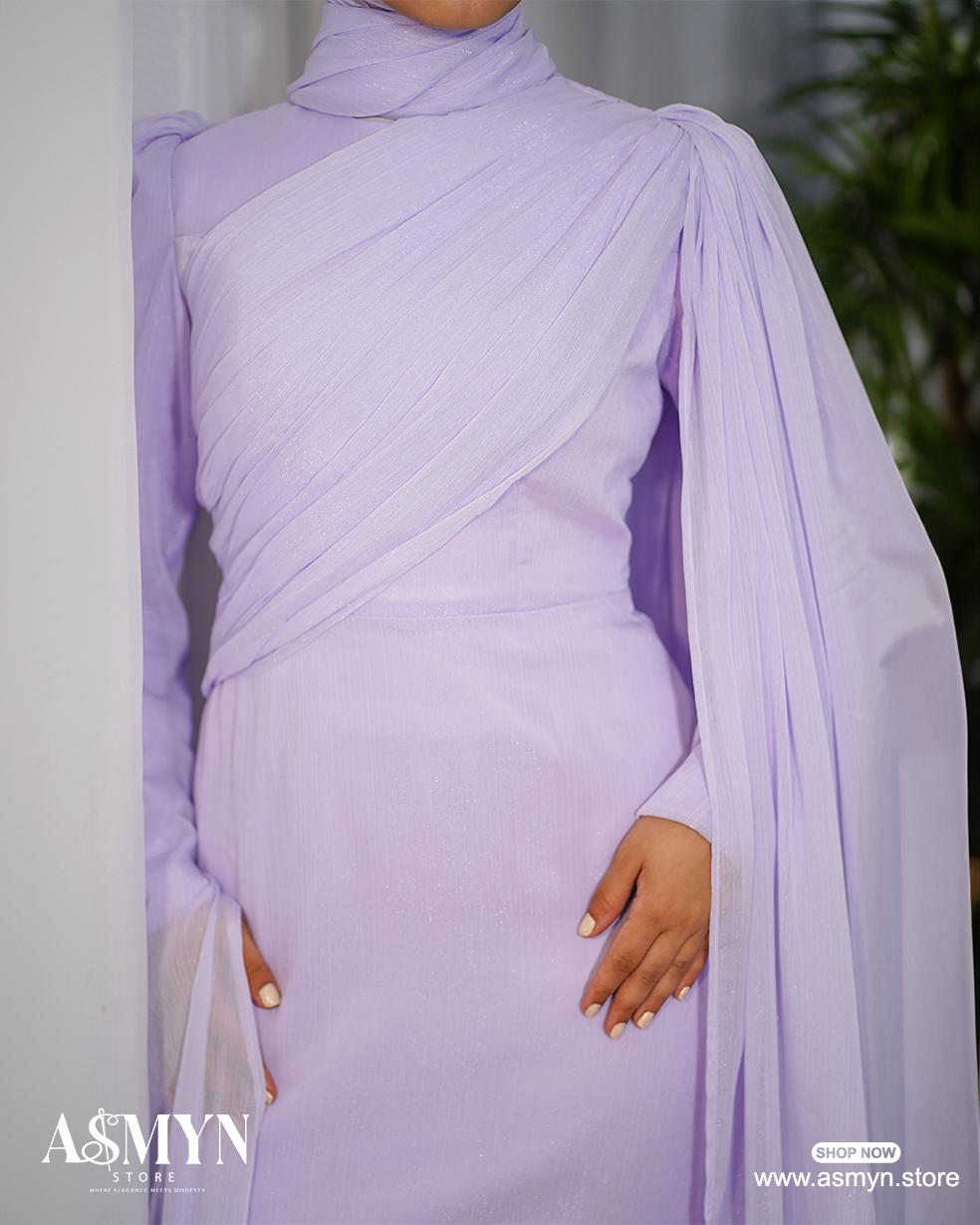 Lavendar Draped Top Soiree Dress with Shoulder Extension