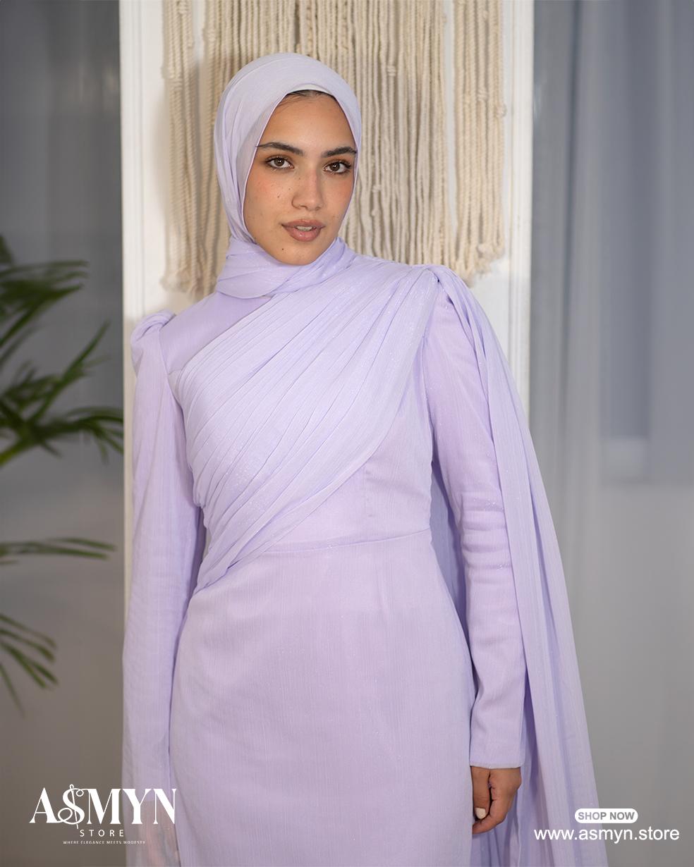 Lavendar Draped Top Soiree Dress with Shoulder Extension