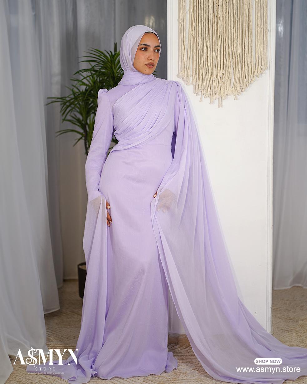 Lavendar Draped Top Soiree Dress with Shoulder Extension