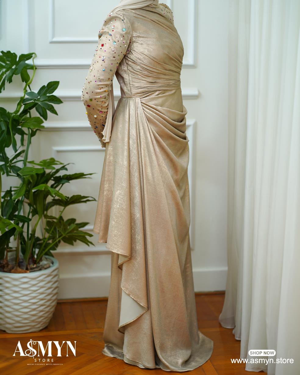 Gold Draped Soiree Dress