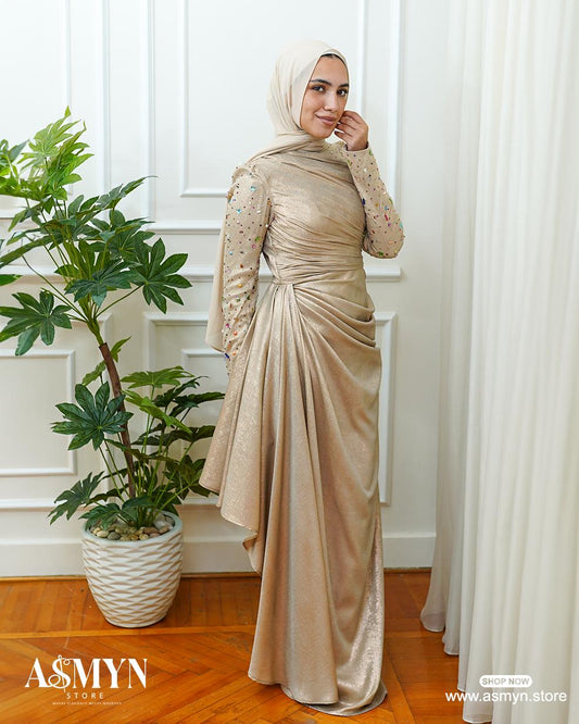 Gold Draped Soiree Dress