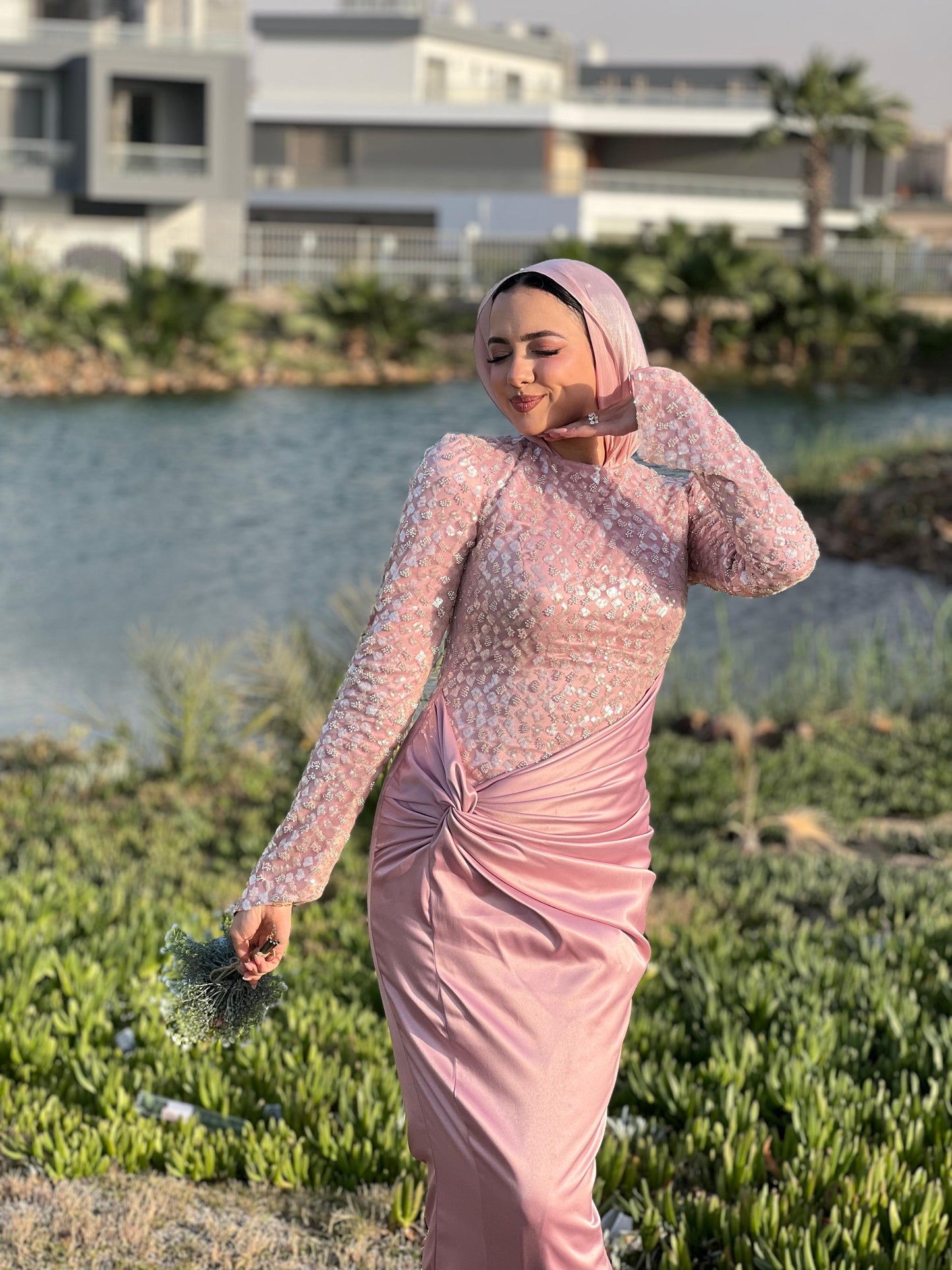 Rose Satin Soiree Dress