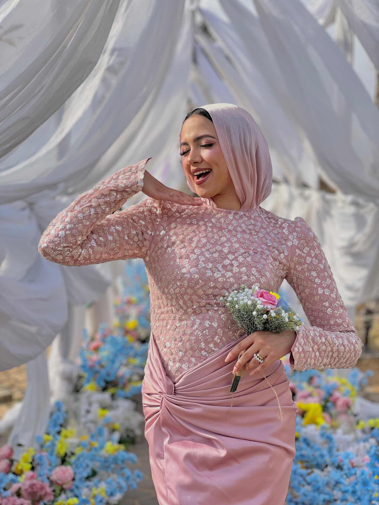 Rose Satin Soiree Dress