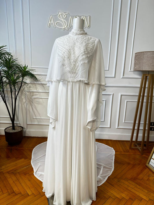 Off-white Bridal Chiffon With a cap  Dress