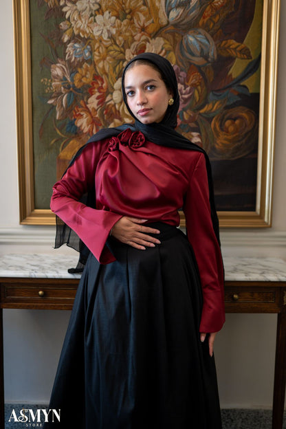 Red Satin Soiree Blouse with One-side Shoulder Flowers