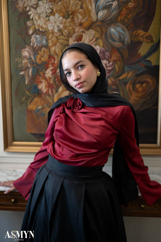 Red Satin Soiree Blouse with One-side Shoulder Flowers