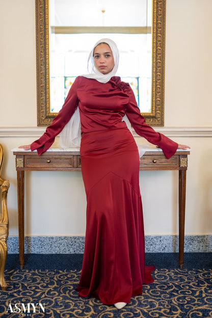 Red Satin 2-pieces Dress Set with One-side Shoulder Flowers