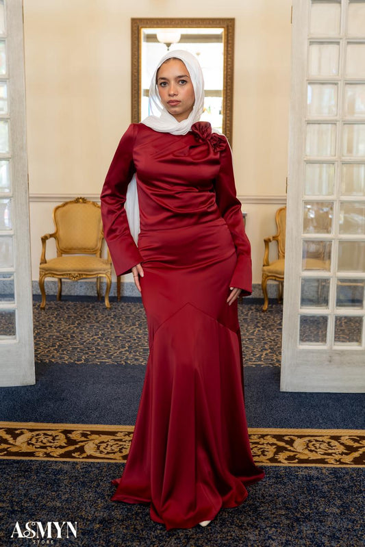 Red Satin 2-pieces Dress Set with One-side Shoulder Flowers