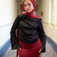 Black Satin Blouse with One-side Shoulder Flowers