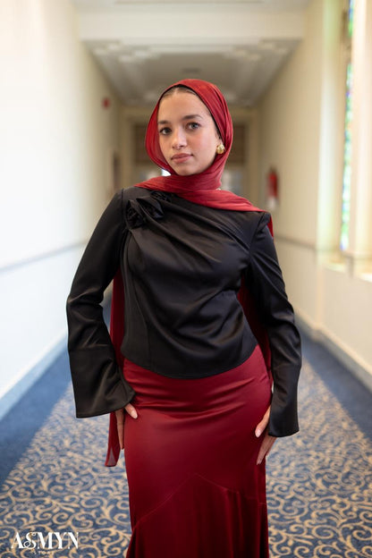 Black Satin Blouse with One-side Shoulder Flowers