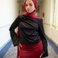 Black Satin Blouse with One-side Shoulder Flowers