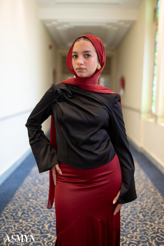 Black Satin Blouse with One-side Shoulder Flowers