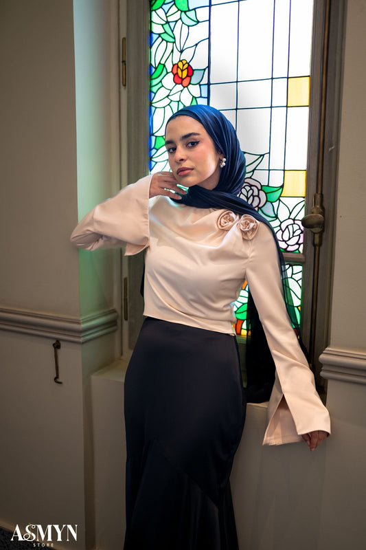 Champagne Satin Blouse with One-side Shoulder Flowers