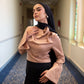 Gold Satin Blouse with One-side Shoulder Flowers