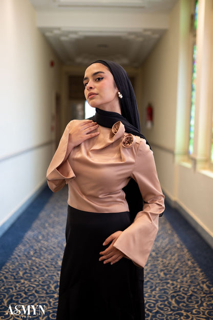Gold Satin Blouse with One-side Shoulder Flowers