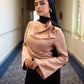 Gold Satin Blouse with One-side Shoulder Flowers