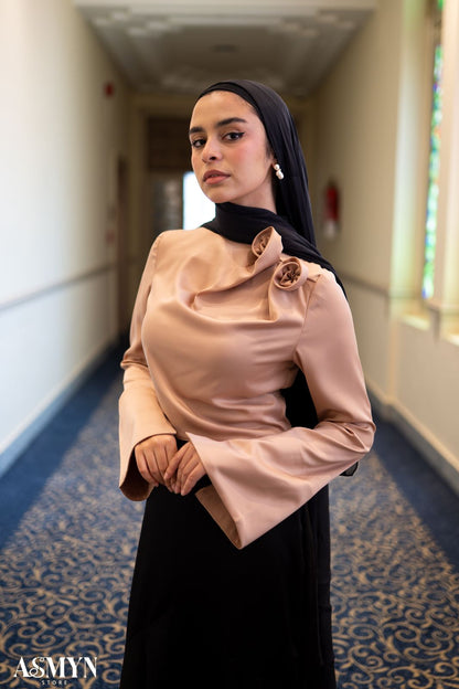 Gold Satin Blouse with One-side Shoulder Flowers