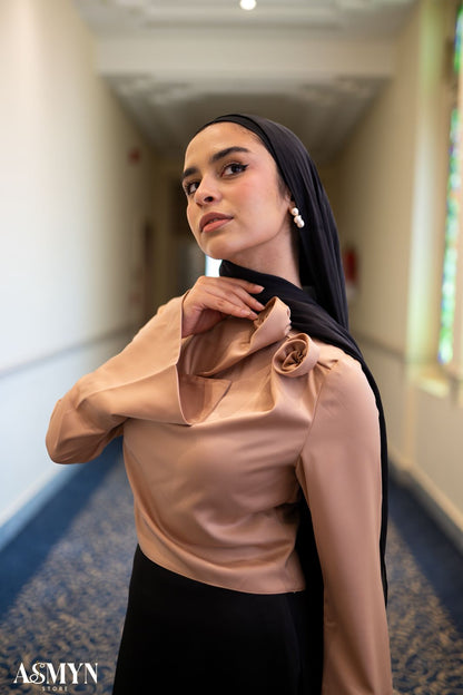 Gold Satin Blouse with One-side Shoulder Flowers
