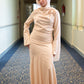 Champagne Satin 2-pieces Dress Set with One-side Shoulder Flowers