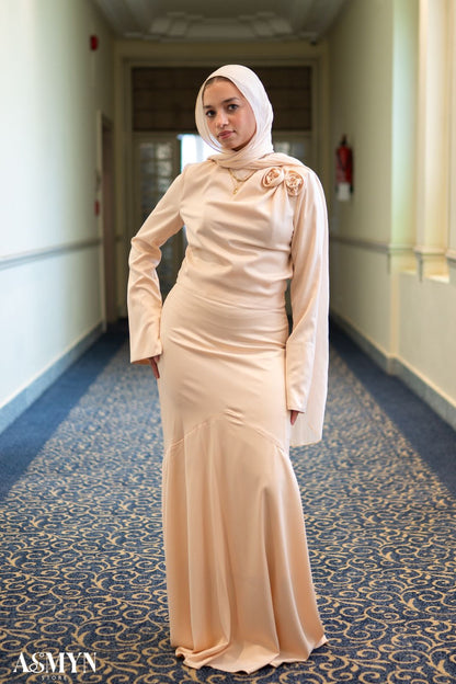 Champagne Satin 2-pieces Dress Set with One-side Shoulder Flowers