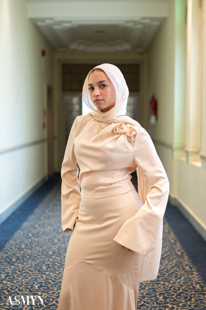 Champagne Satin 2-pieces Dress Set with One-side Shoulder Flowers