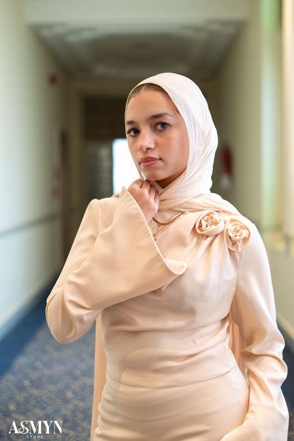 Champagne Satin 2-pieces Dress Set with One-side Shoulder Flowers