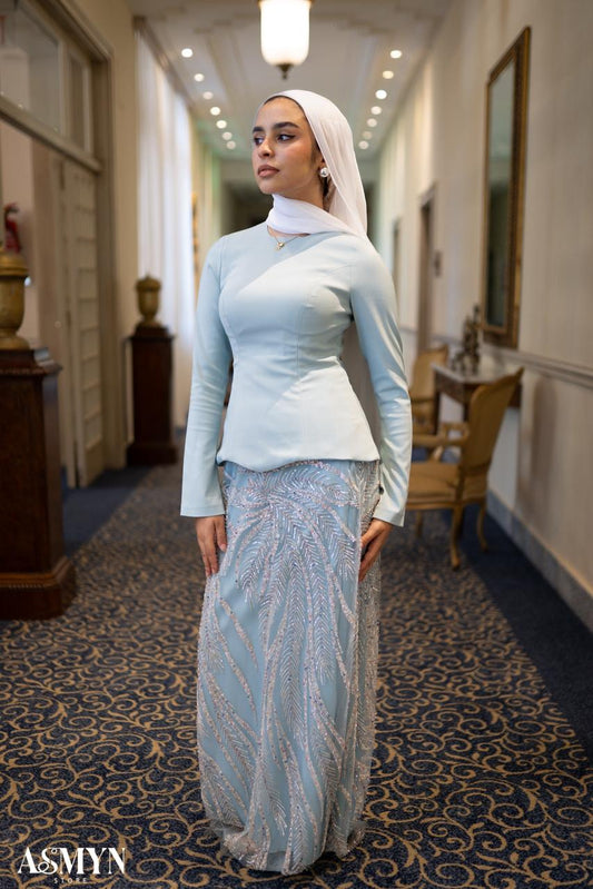 Mint Corset Soiree 2-Pieces Dress Set with Embroidered Skirt