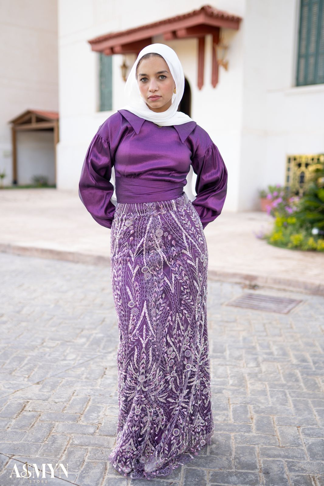 Dark Purple Soirée 2-Pieces Dress Set with Embroidered Skirt