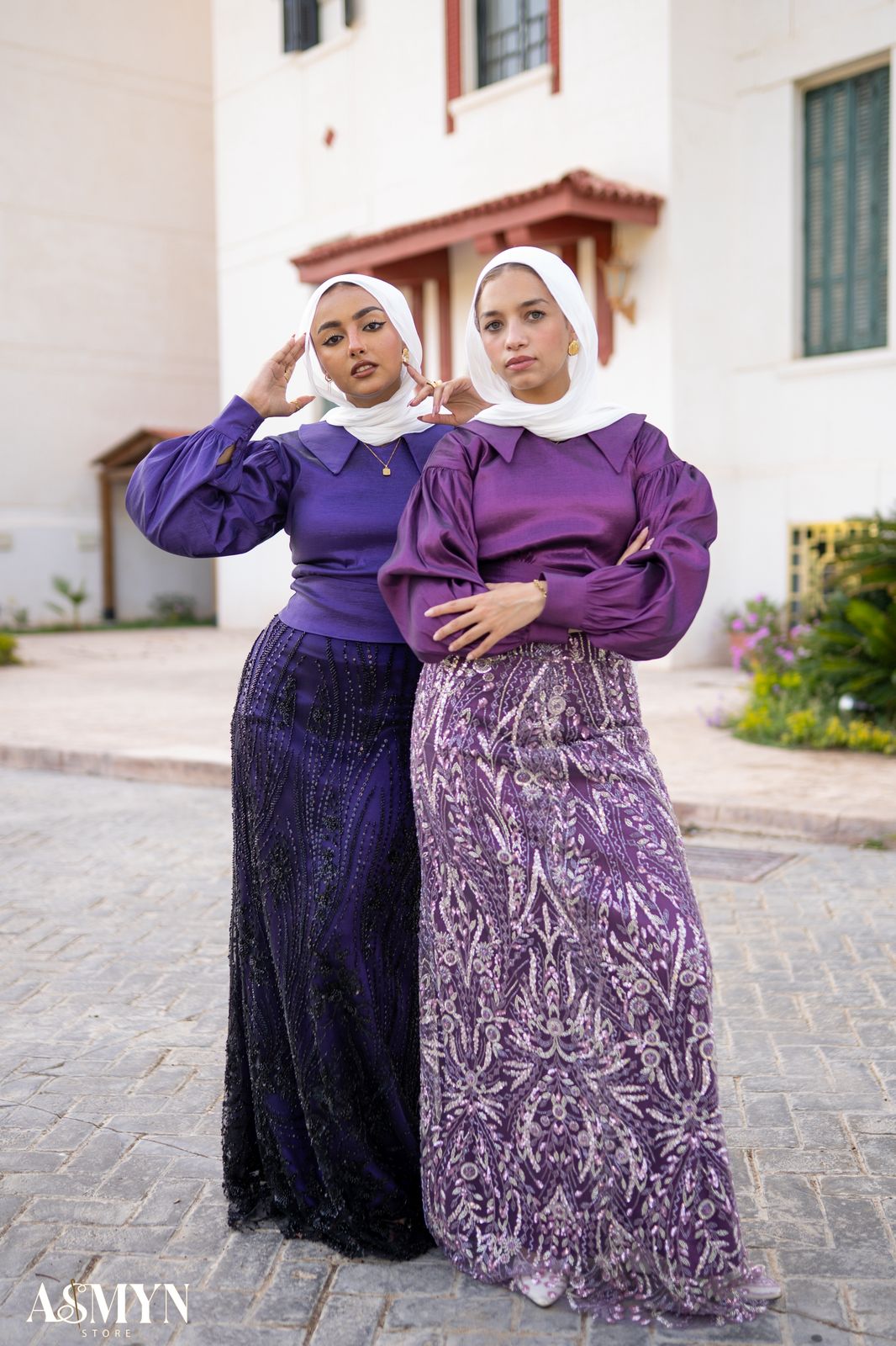 Dark Purple Soirée 2-Pieces Dress Set with Embroidered Skirt