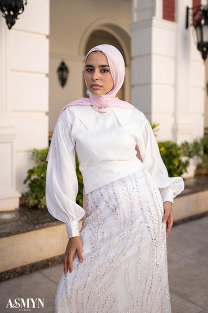 Off-white Soiree 2-pieces Dress Set with Embroidered Skirt
