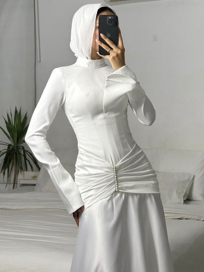 Off-white Mermaid Satin Dress with Draped Waist