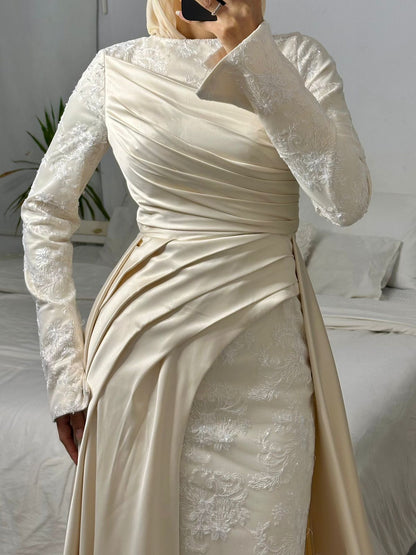 Champagne Layered Satin Lace Bridal Dress