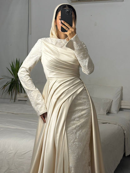 Champagne Layered Satin Lace Bridal Dress