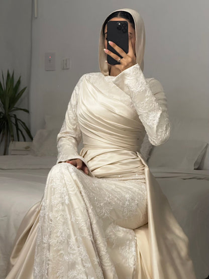 Champagne Layered Satin Lace Bridal Dress