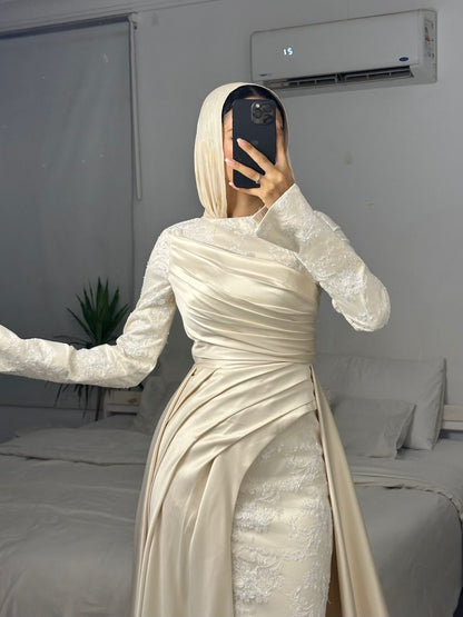 Champagne Layered Satin Lace Bridal Dress