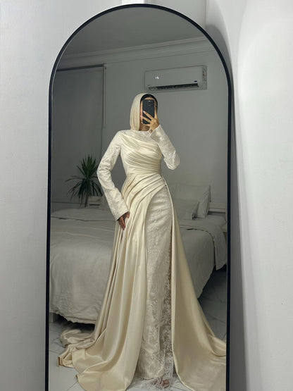 Champagne Layered Satin Lace Bridal Dress