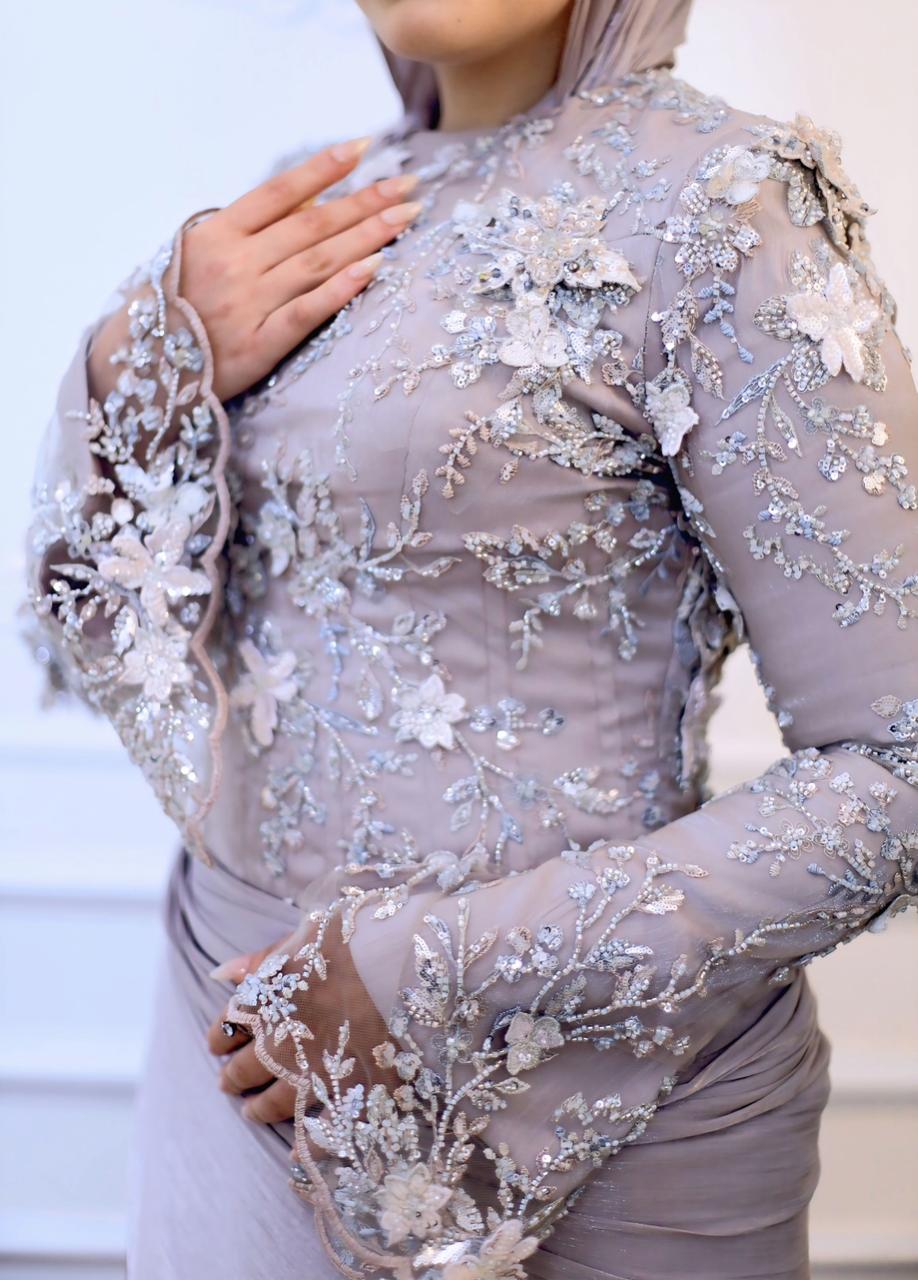 Gray Move Embroidered Soiree Dress