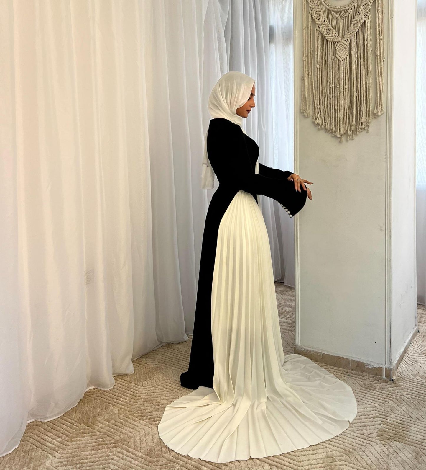 Black Asymmetrical Dress with Buttoned Sleeves