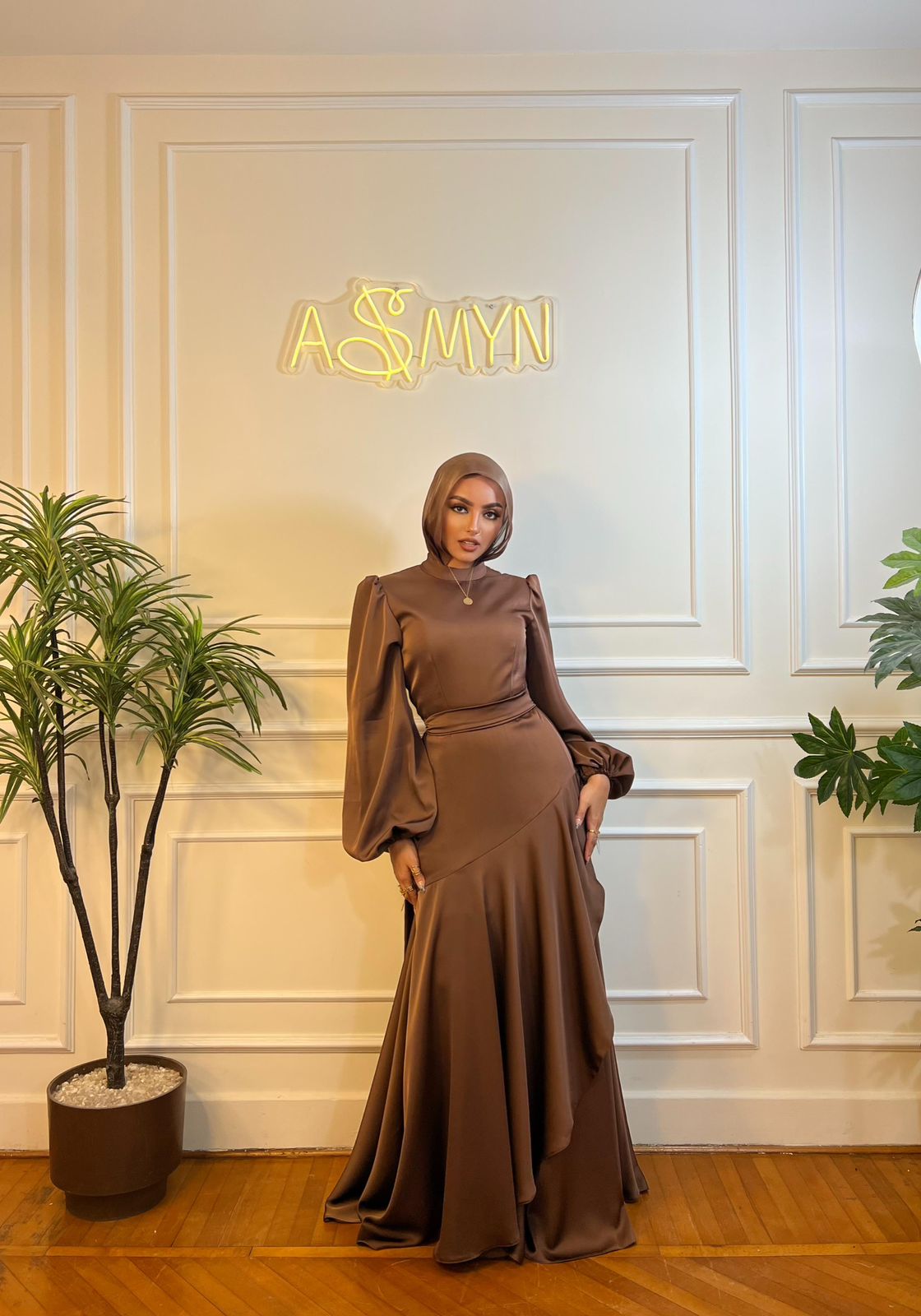 Brown Satin Wrap Dress