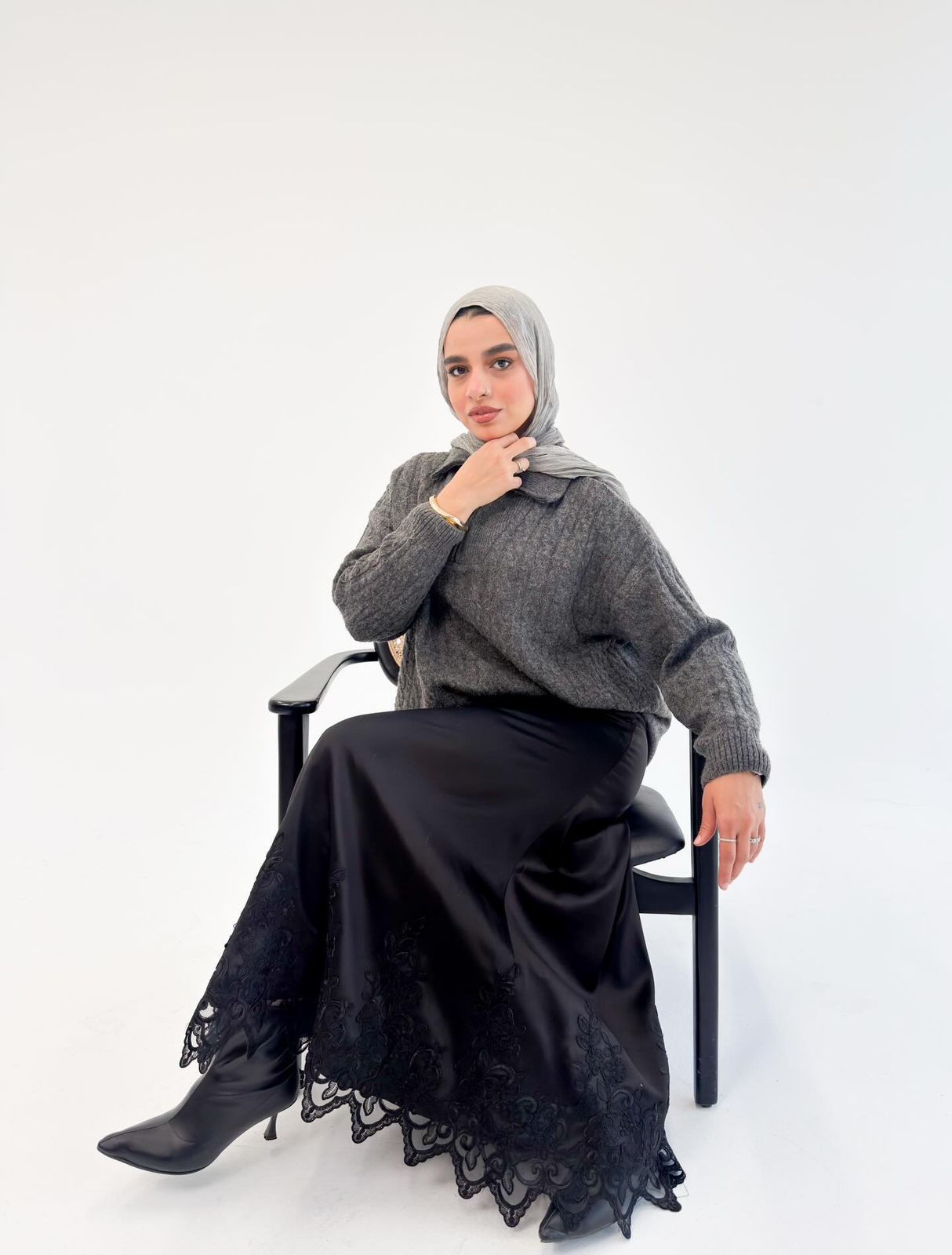 Black Satin Skirt with Embroidered Hem