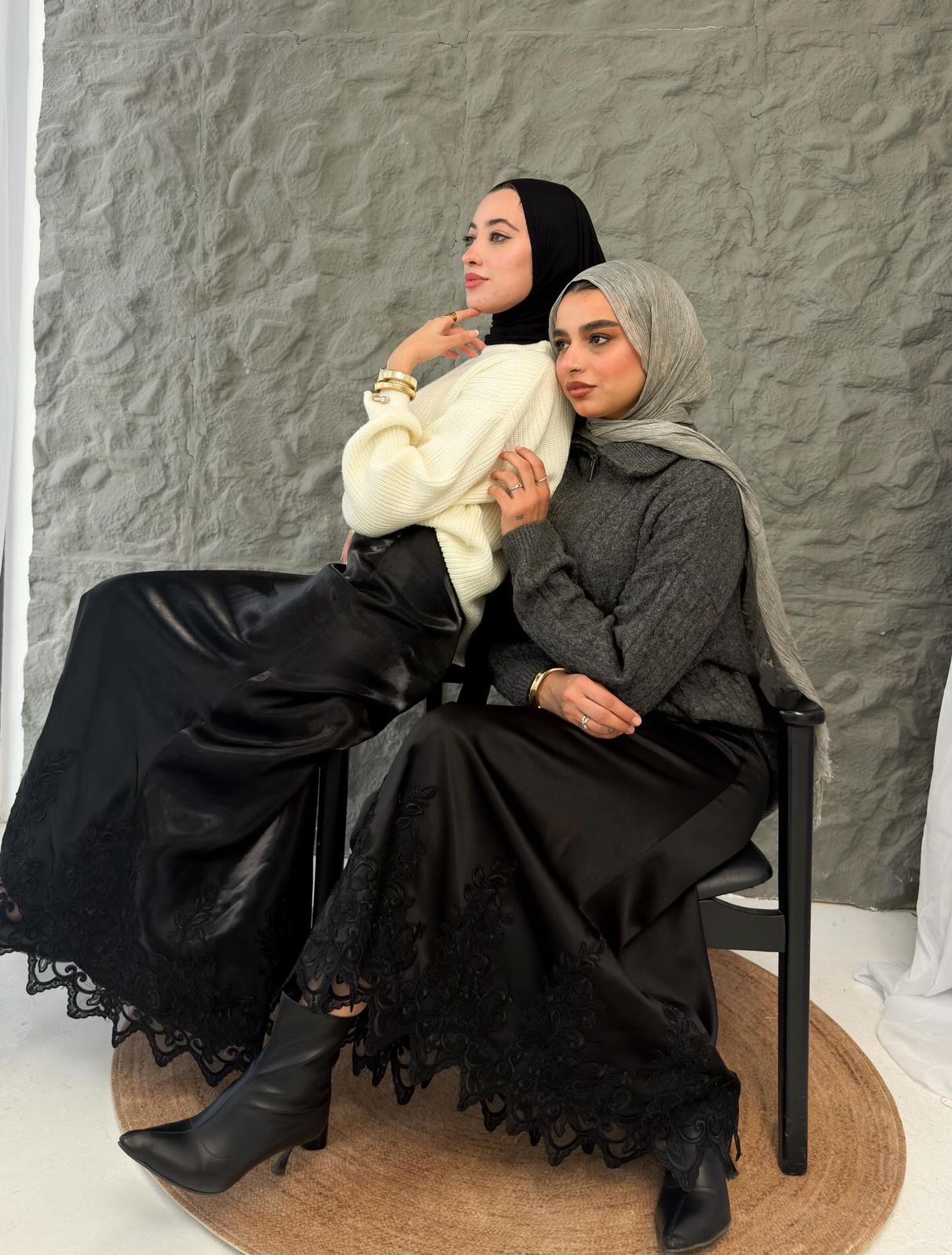 Black Satin Skirt with Embroidered Hem