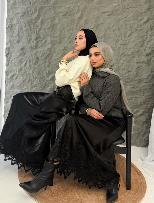 Black Satin Skirt with Embroidered Hem