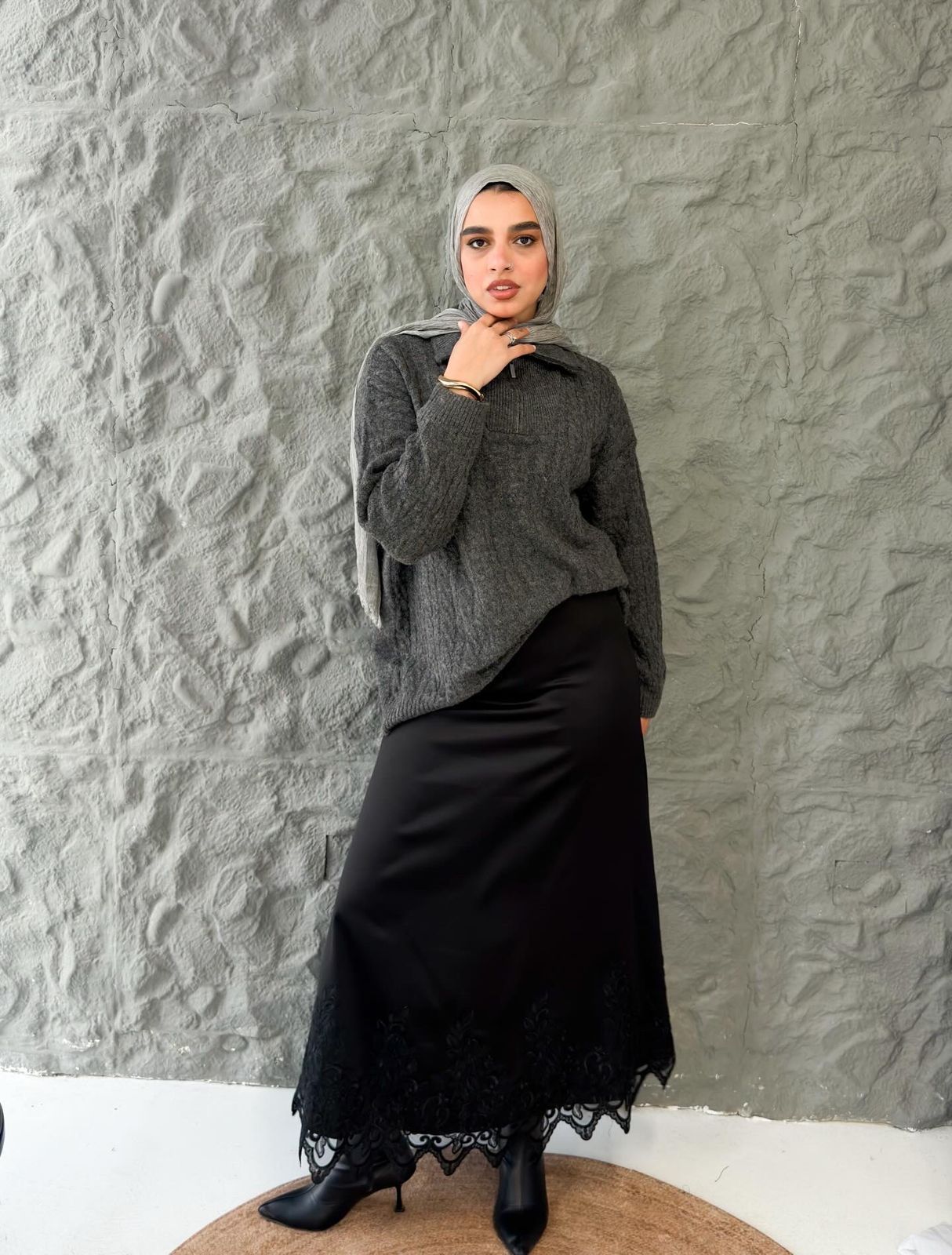 Black Satin Skirt with Embroidered Hem