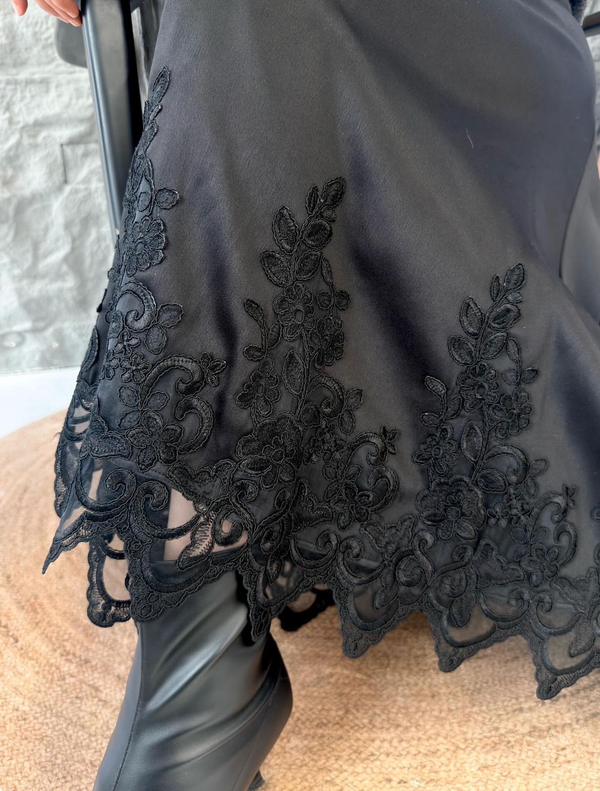 Black Satin Skirt with Embroidered Hem