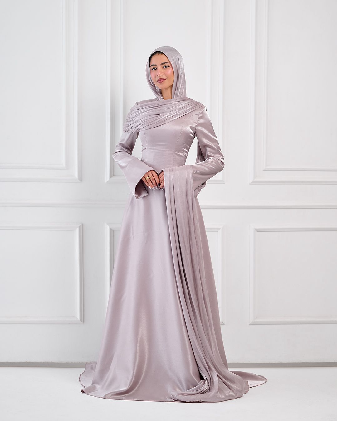Asymmetric Grace Shoulder Drape Dress in Lilac