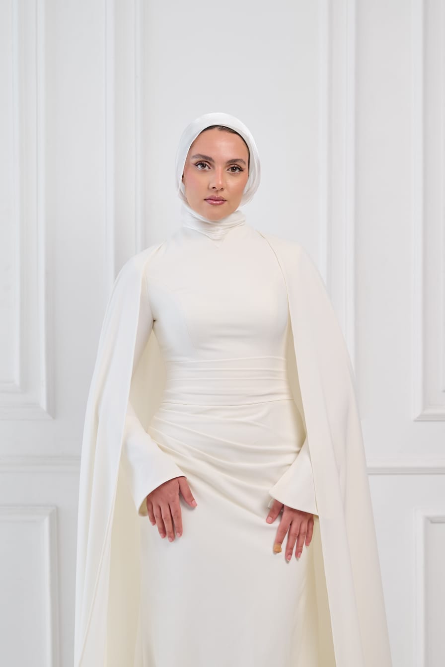 Ivory Aura Statement Cape Dress in Off-White