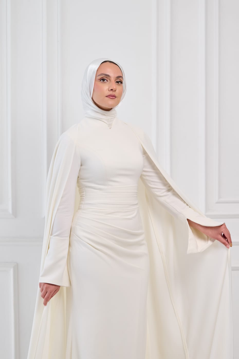Ivory Aura Statement Cape Dress in Off-White