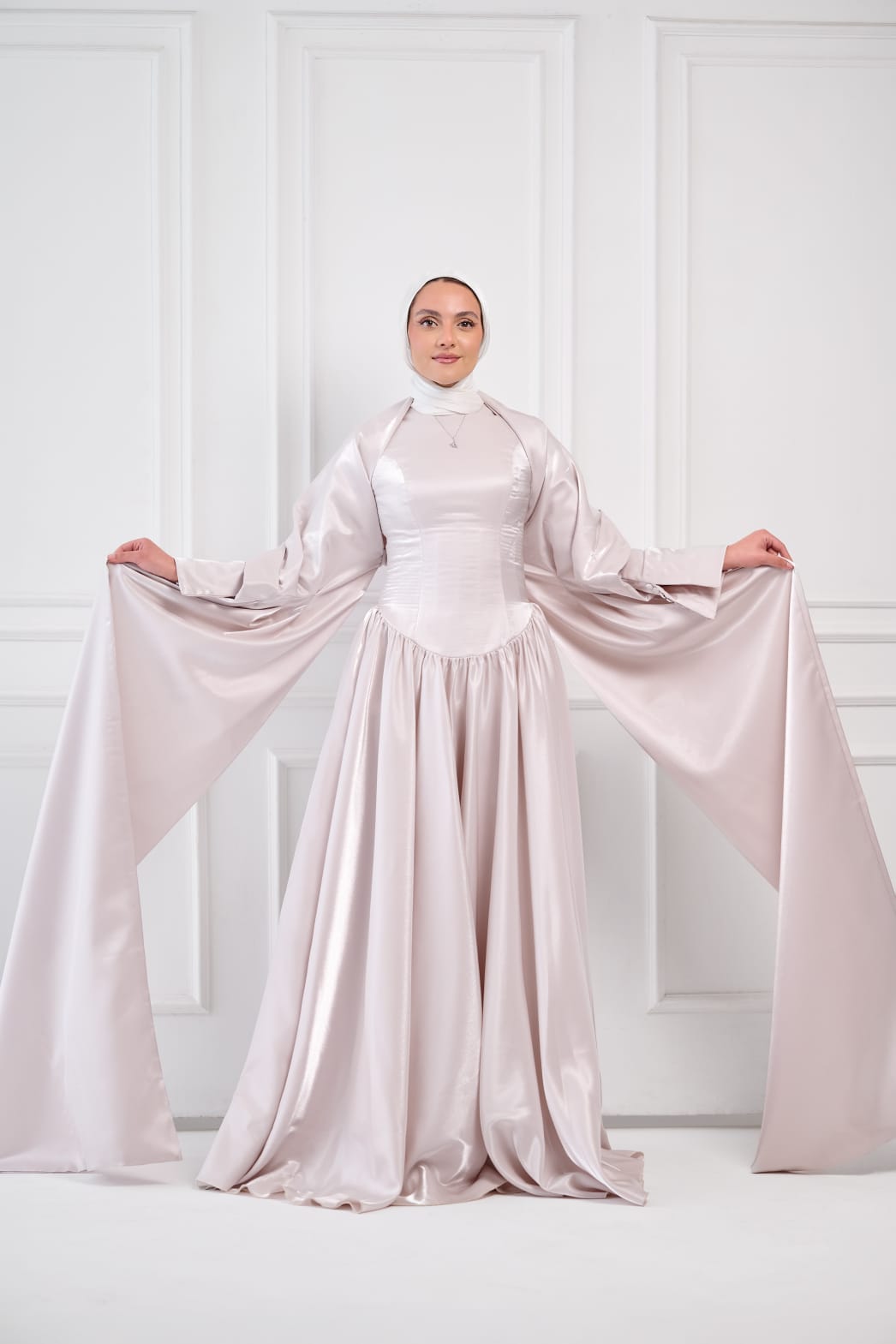 Flowing Grace Statement Sleeve Dress in Powder Pink