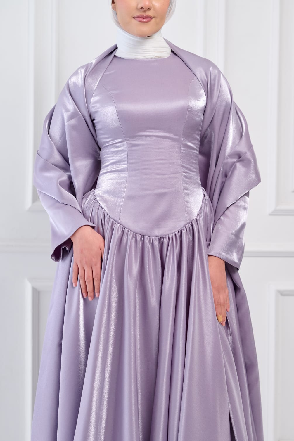 Flowing Grace Statement Sleeve Dress in Lavender