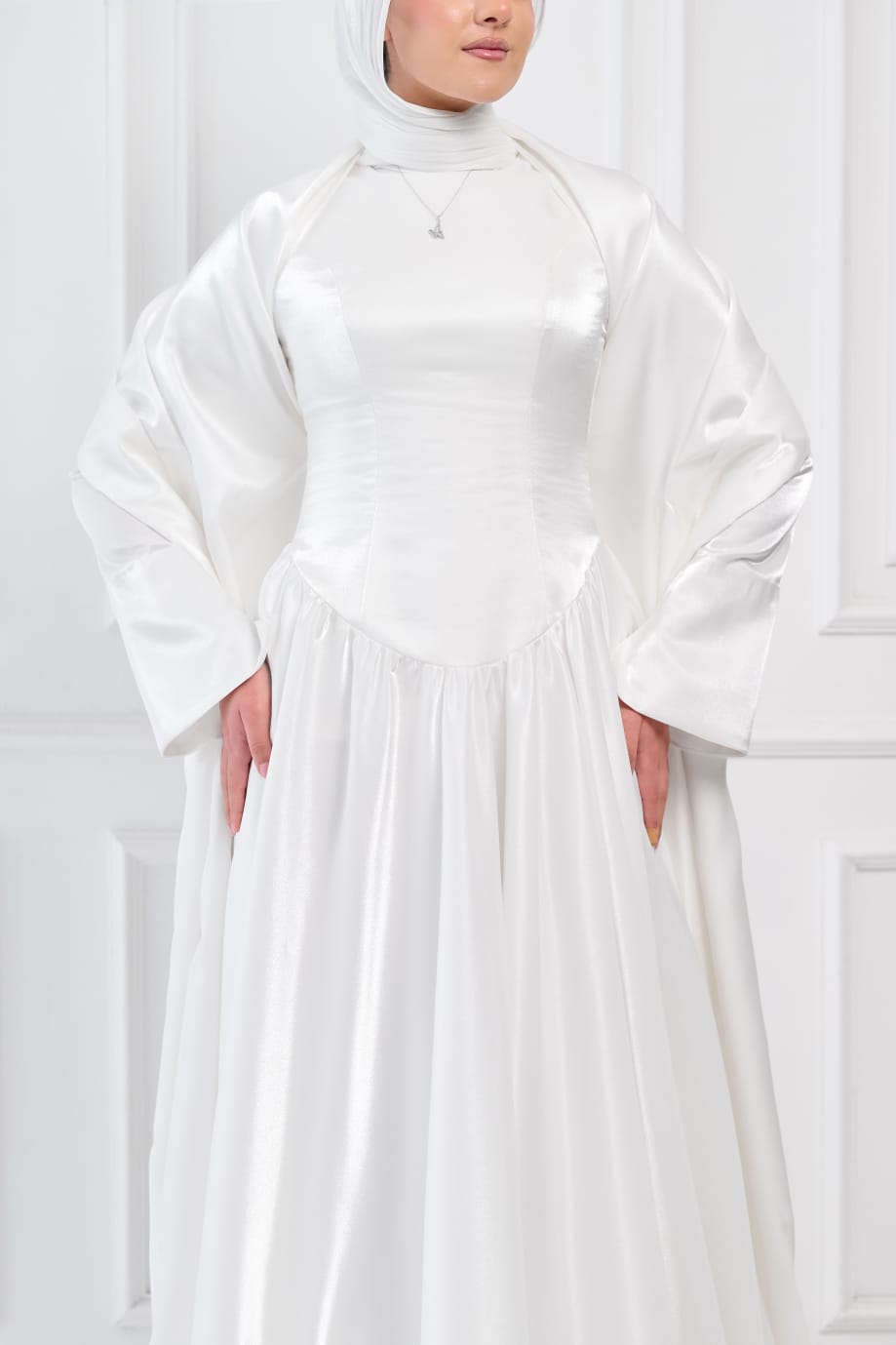 Flowing Grace Statement Sleeve Dress in Off-White